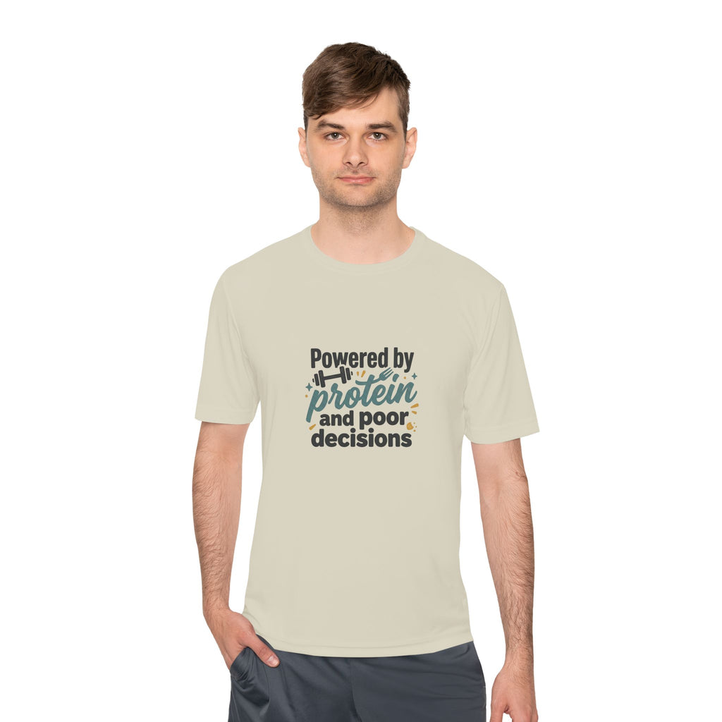 Powered by Protein and Poor Decisions Unisex Moisture Wicking Tee
