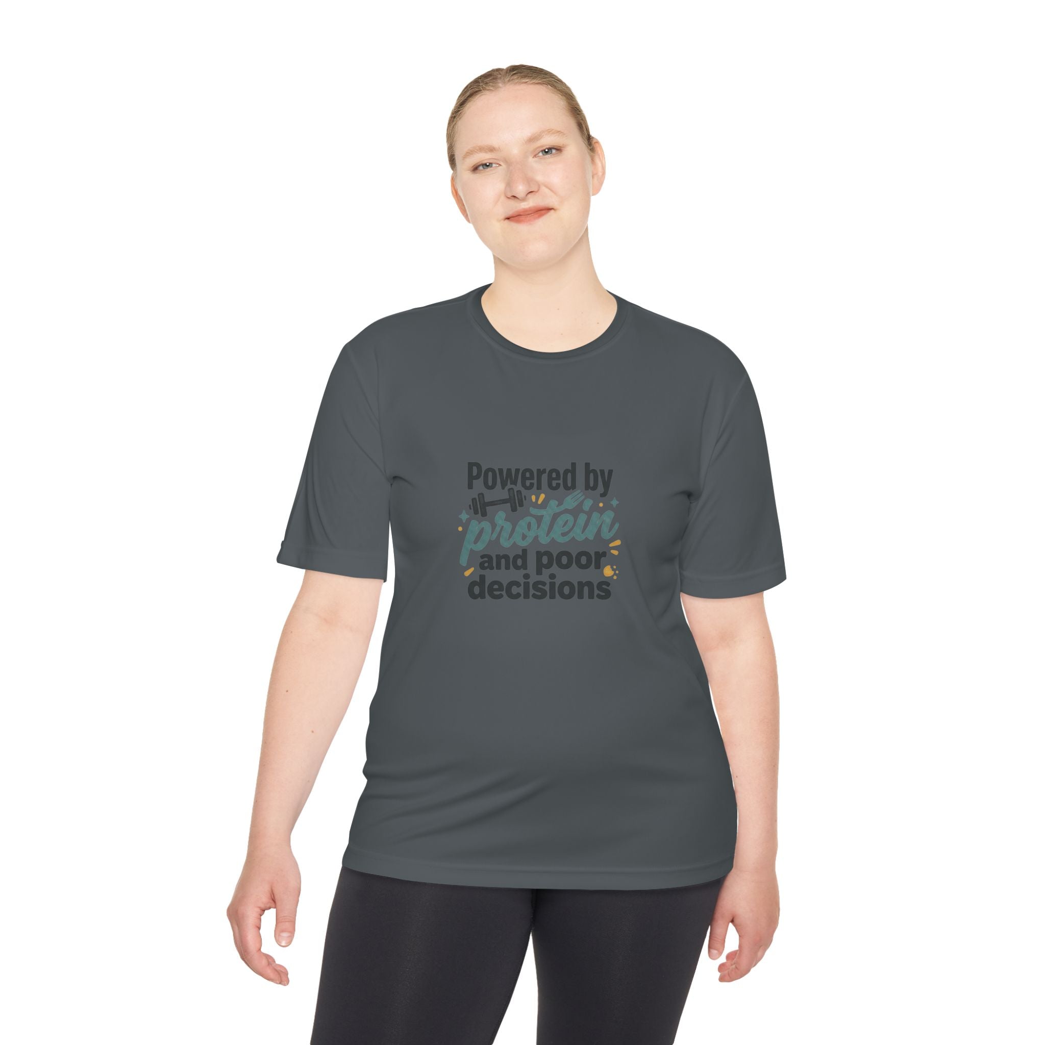 Powered by Protein and Poor Decisions Unisex Moisture Wicking Tee