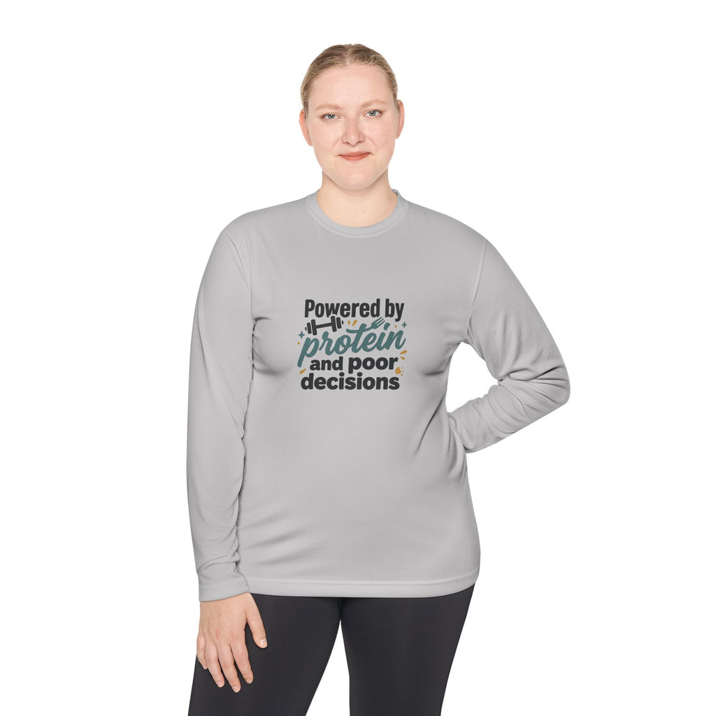 Powered by Protein and Poor Decisions Unisex Lightweight Long Sleeve Tee