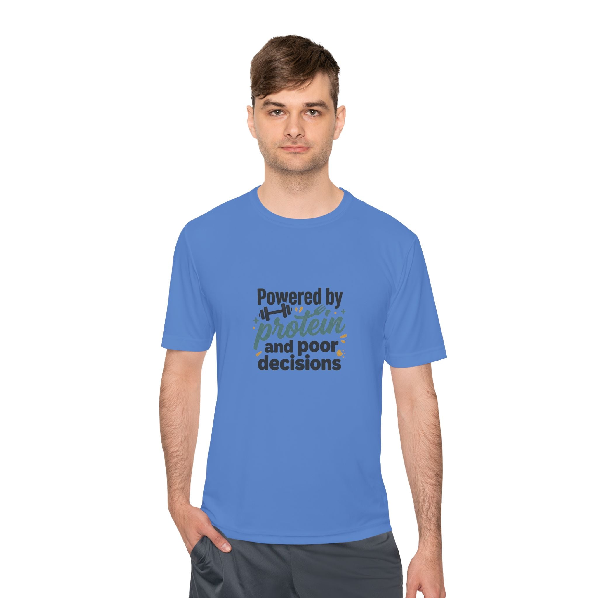 Powered by Protein and Poor Decisions Unisex Moisture Wicking Tee
