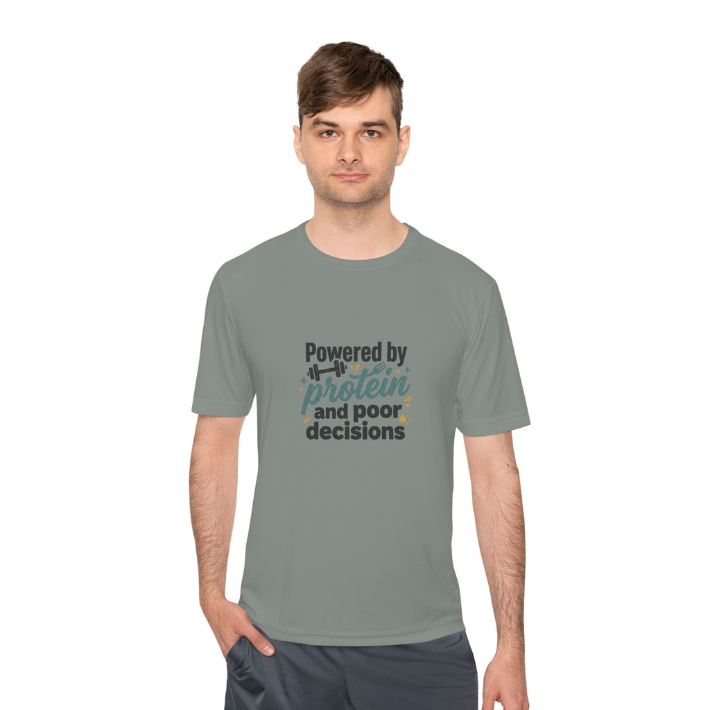 Powered by Protein and Poor Decisions Unisex Moisture Wicking Tee
