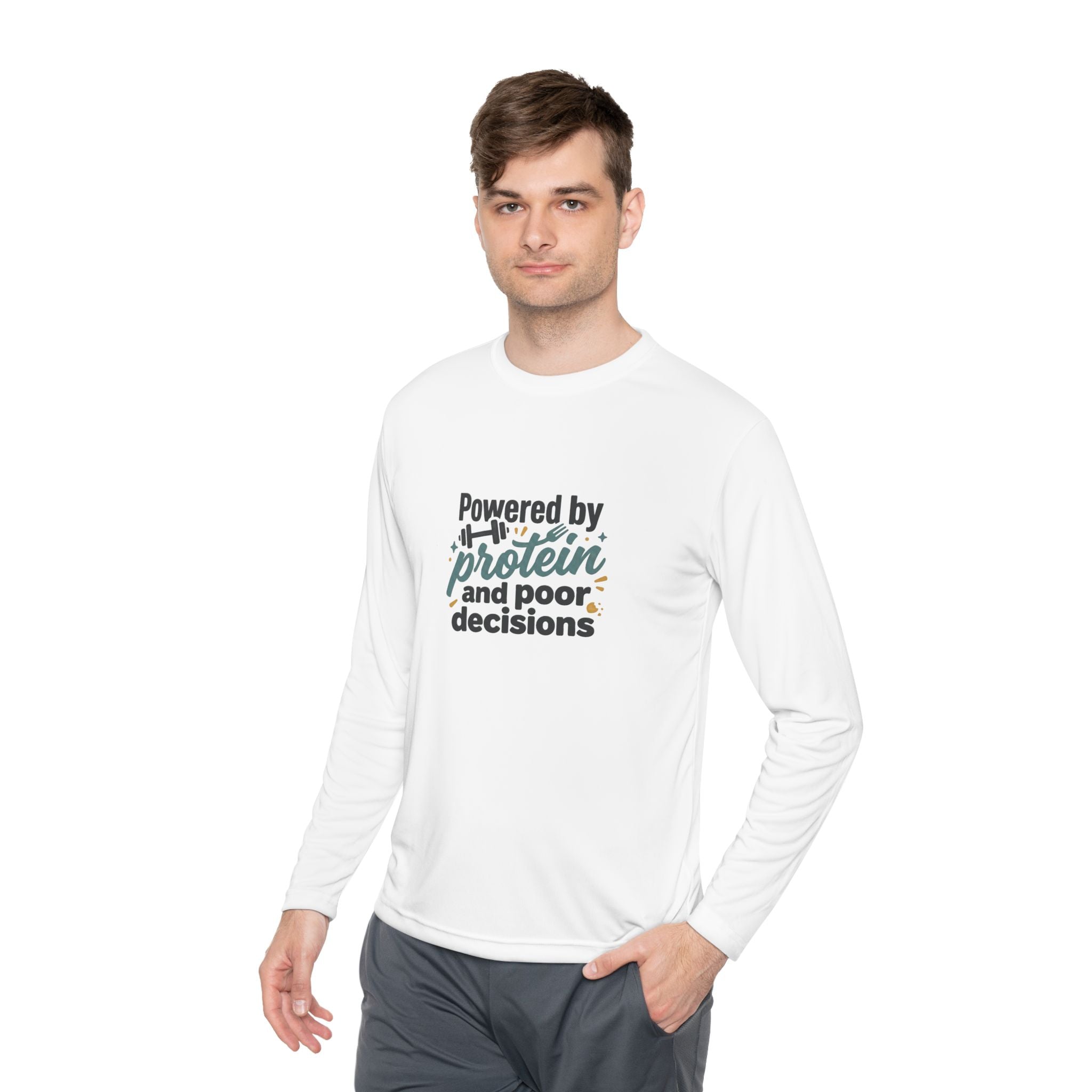 Powered by Protein and Poor Decisions Unisex Lightweight Long Sleeve Tee