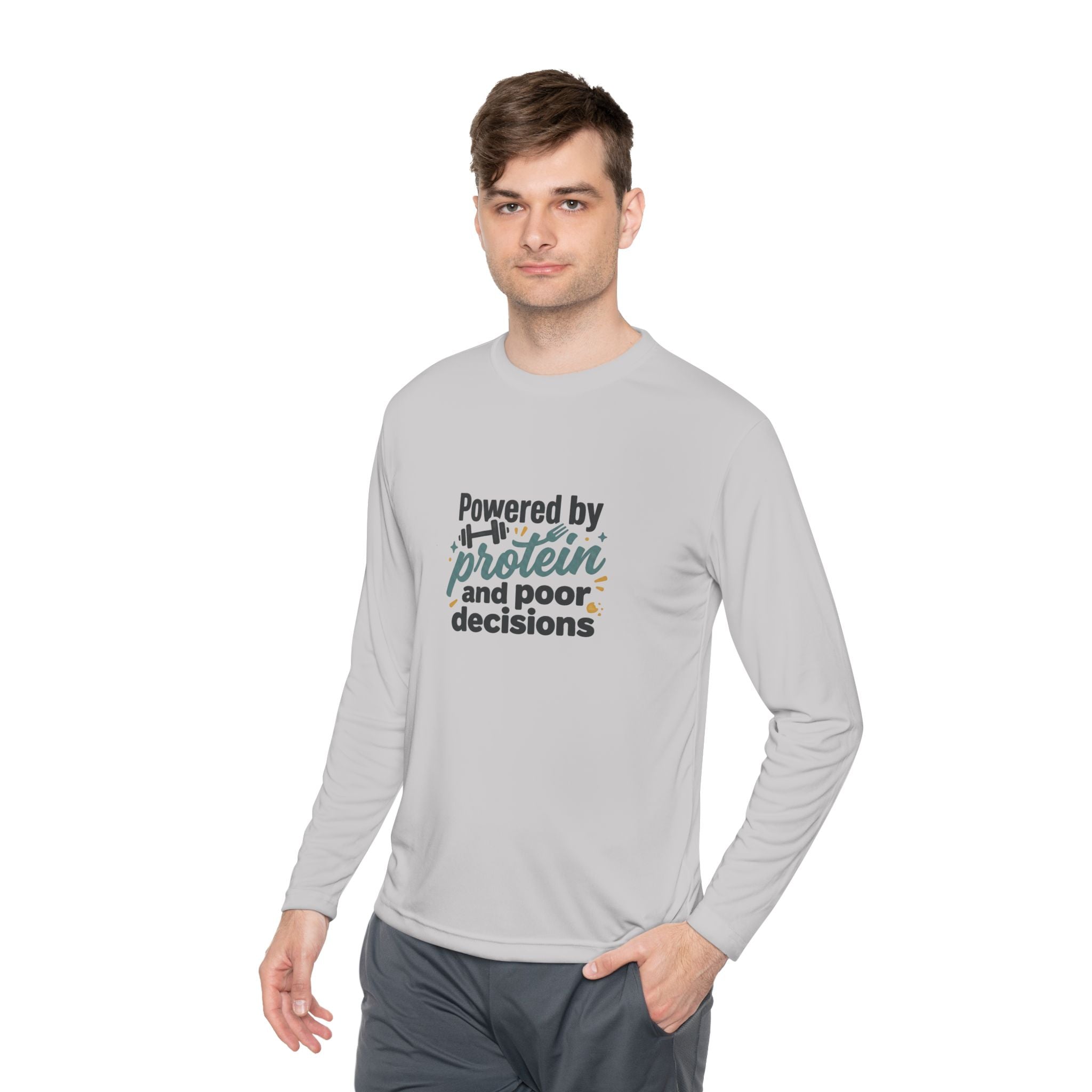Powered by Protein and Poor Decisions Unisex Lightweight Long Sleeve Tee