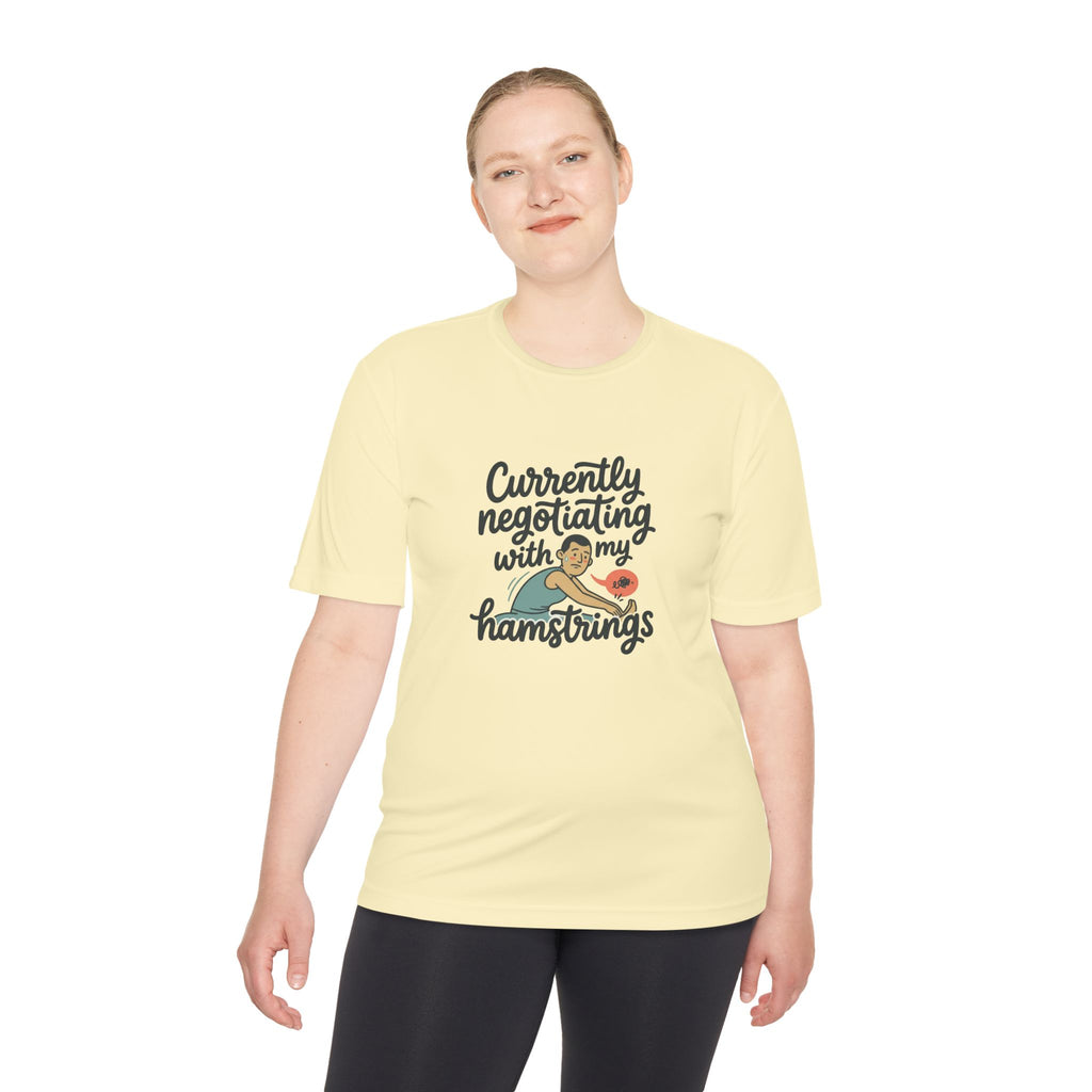 Currently Negotiating with my Hamstrings Unisex Moisture Wicking Tee
