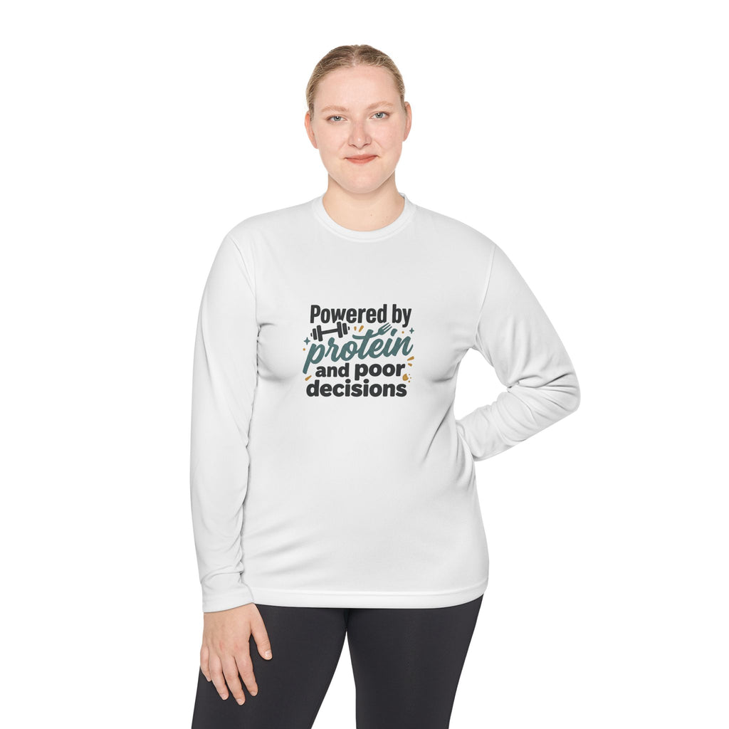 Powered by Protein and Poor Decisions Unisex Lightweight Long Sleeve Tee