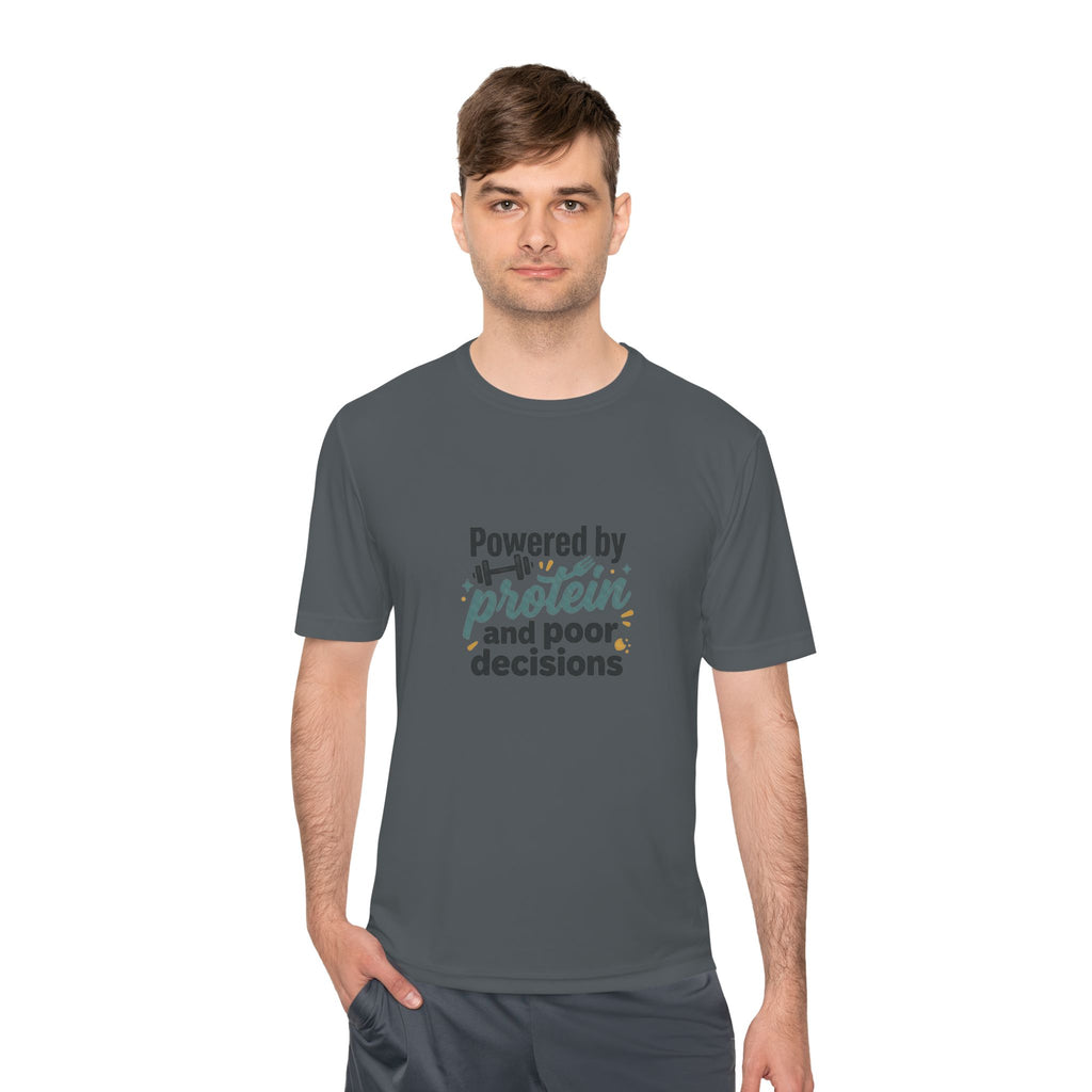 Powered by Protein and Poor Decisions Unisex Moisture Wicking Tee