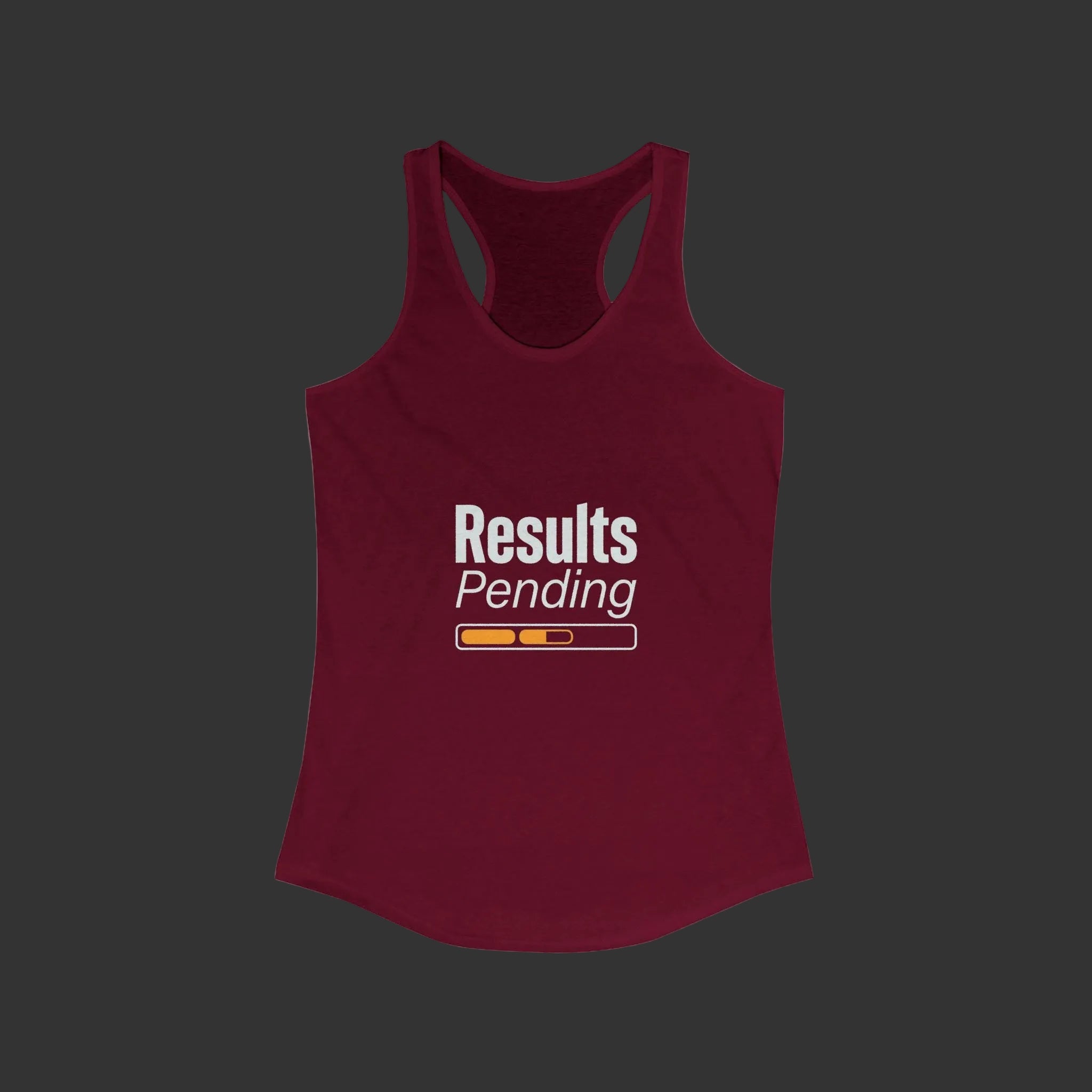 Maroon tank top with 'Results Pending' text on a white background